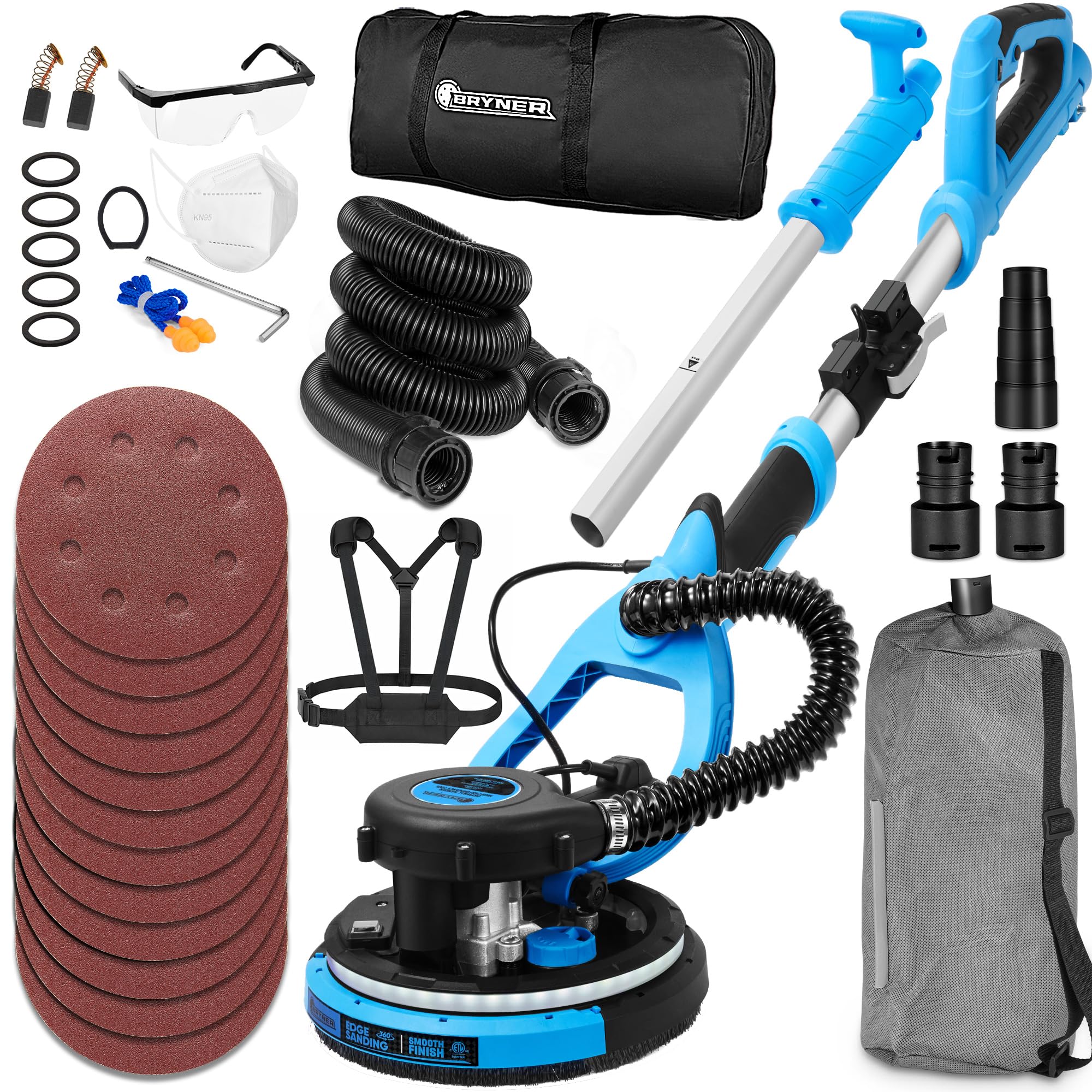 Drywall Sander, Electric Drywall Sander with Vacuum Labor-Saving Back Belt，7 Variable Speed, LED Light, 900-1800RPM, Dustless Floor Sander for Popcorn Ceiling, Wood Floor