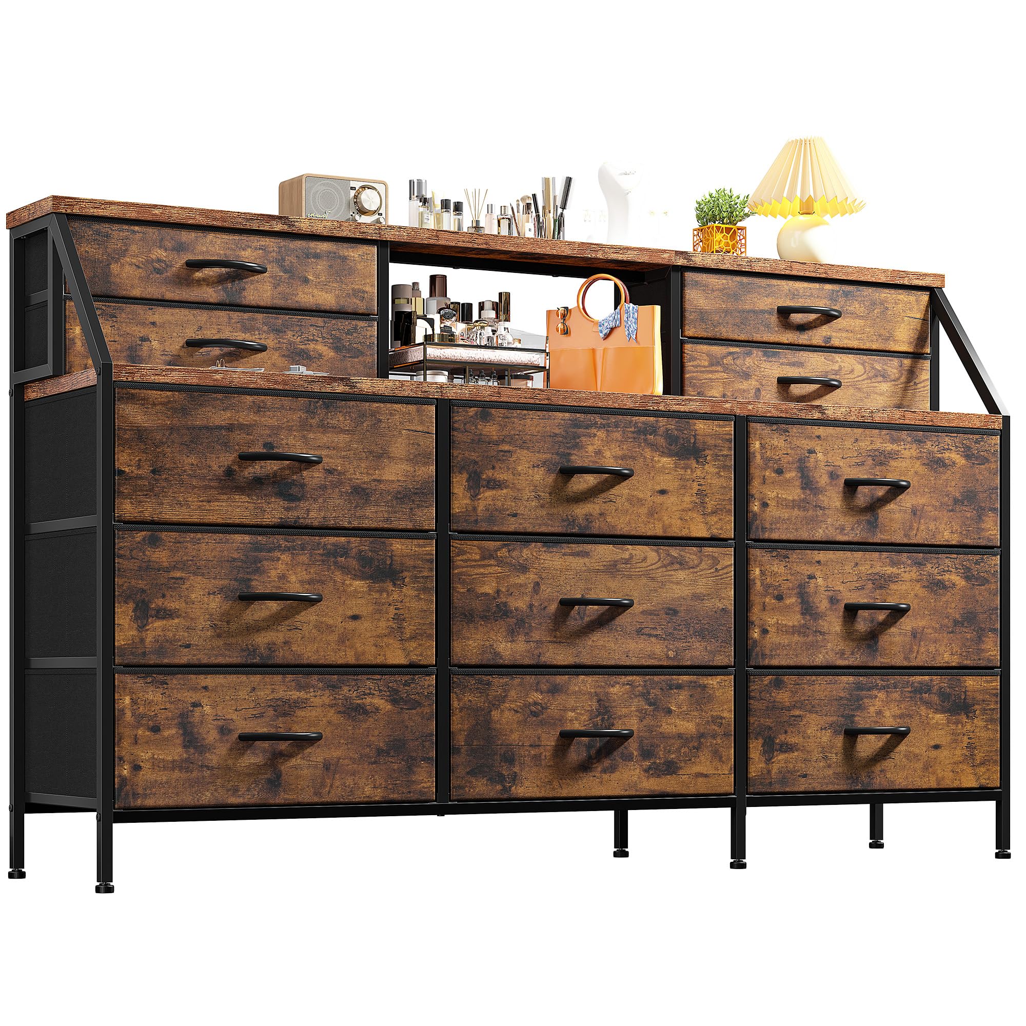 EnHomee 55”W Dresser for Bedroom, Dresser with 13 Large Drawer, Dressers & Chests of Drawers, Dressers with 2 Shelves, Bedroom Dresser, Long Dresser for Closet, Wooden Top Metal Frame Rustic Brown