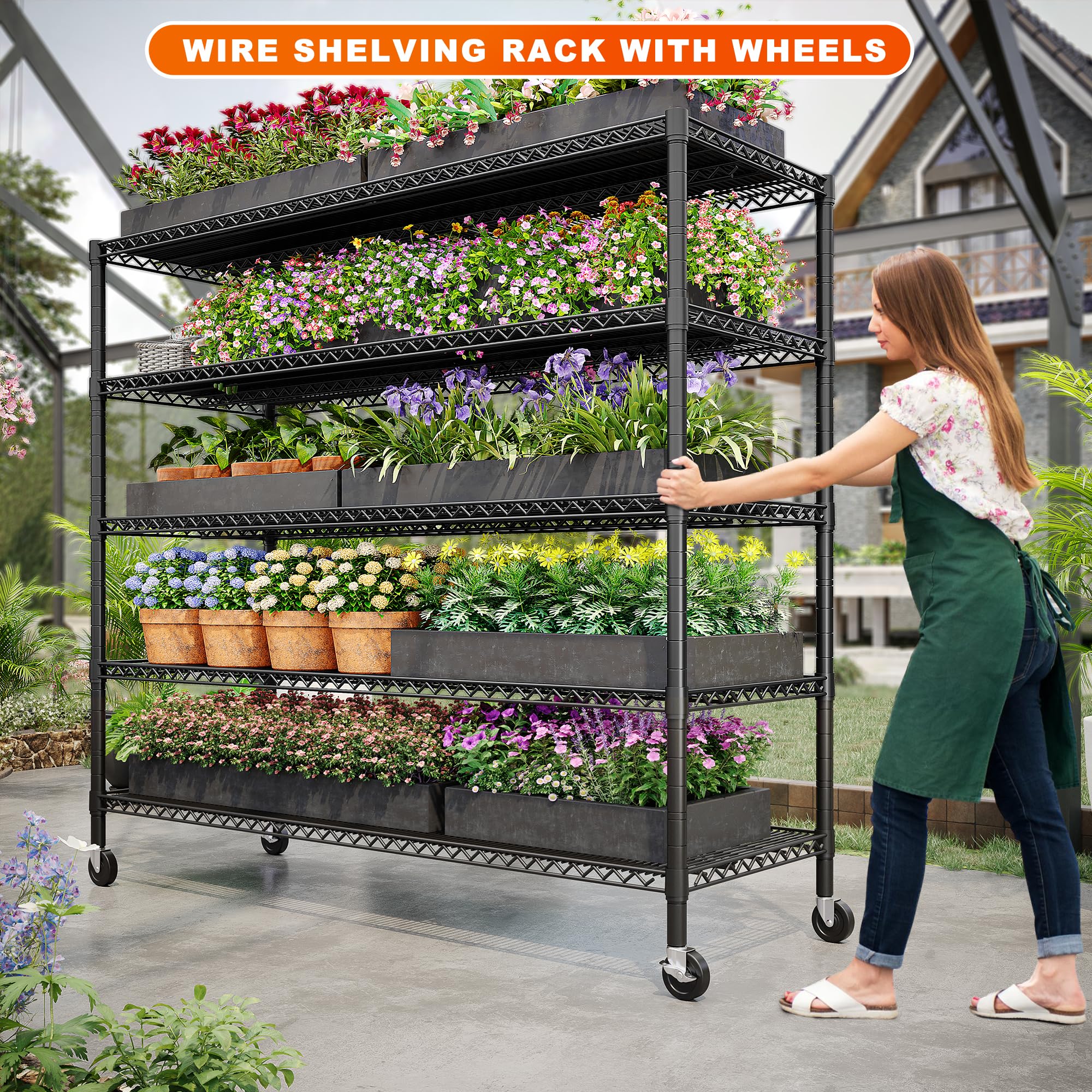 REIBII 85.7"H Storage Shelves 3200LBS 5 Tier Wire Shelving Unit with Wheels 55.5" W Heavy Duty Shelving Rack Adjustable Metal Shelves for Kitchen Pantry College Dorm School 85.7"H X 55.5"W X 24.2"D