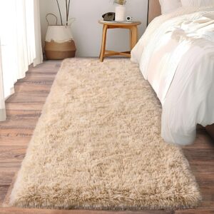 ailyei soft runner rugs for bedroom hallways, 2x6 beige fluffy shag throw area rug non slip for bedside dorm, long shaggy furry carpet for nursery living room