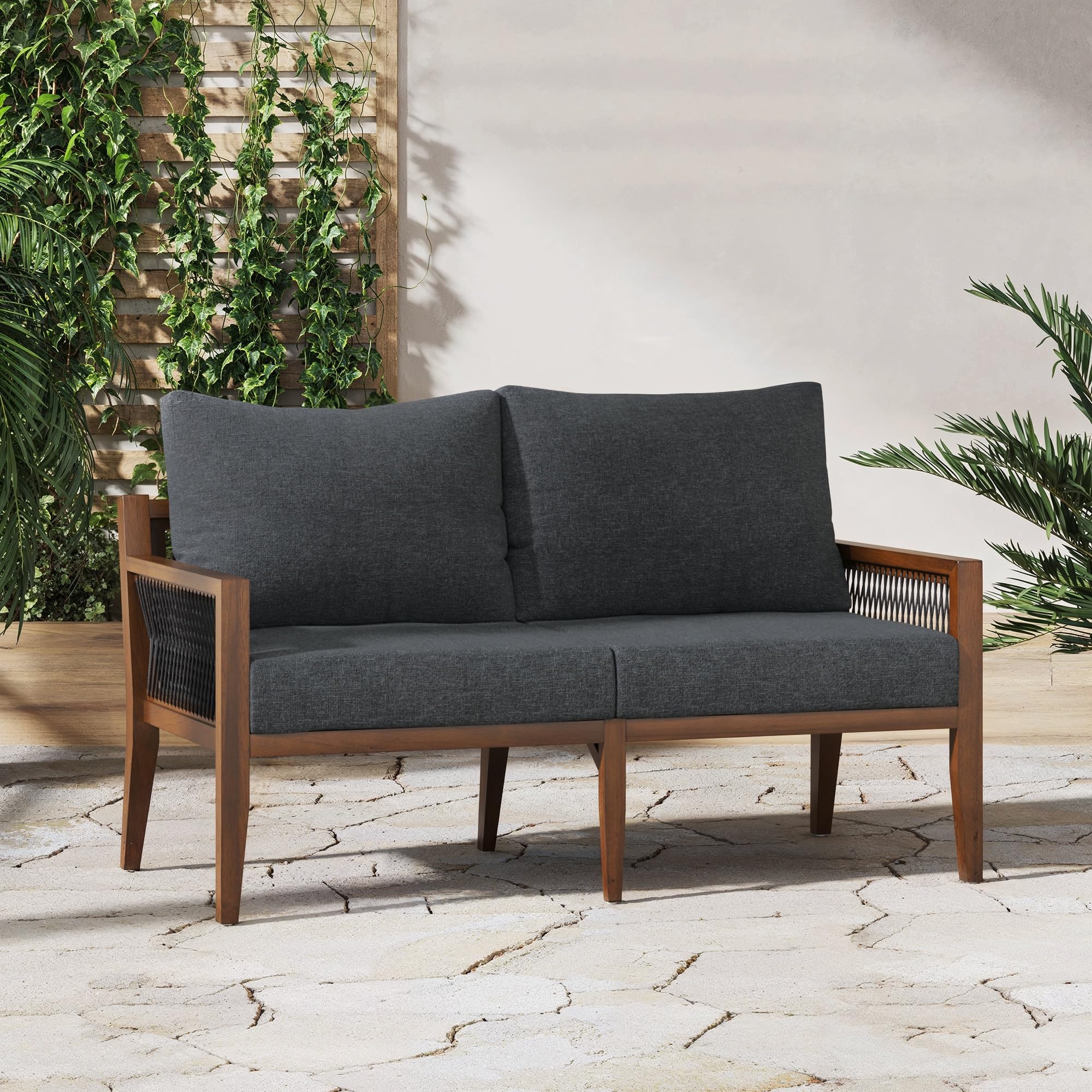 Nathan James Freya Bohemian Wood Loveseat, Upholstered Loveseat Sofa for Patio, Solid Acacia Wood Frame, Dark Acacia