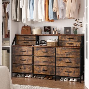 EnHomee 55”W Dresser for Bedroom, Dresser with 13 Large Drawer, Dressers & Chests of Drawers, Dressers with 2 Shelves, Bedroom Dresser, Long Dresser for Closet, Wooden Top Metal Frame Rustic Brown