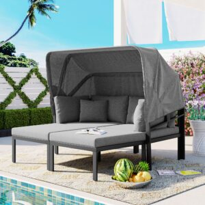 merax 3-piece patio daybed with retractable canopy and cushions, outdoor metal sectional sofa set sun lounger for backyard, porch, poolside, grey