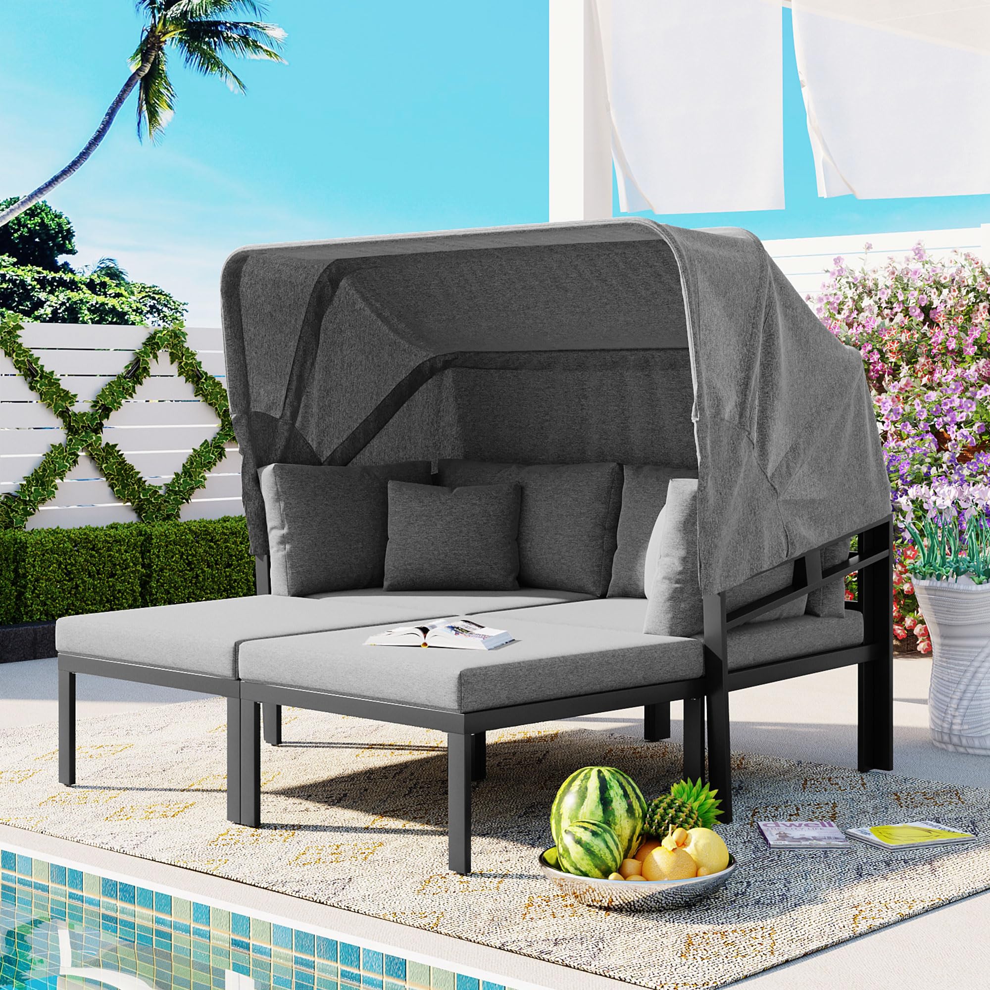 Merax 3-Piece Patio Daybed with Retractable Canopy and Cushions, Outdoor Metal Sectional Sofa Set Sun Lounger for Backyard, Porch, Poolside, Grey