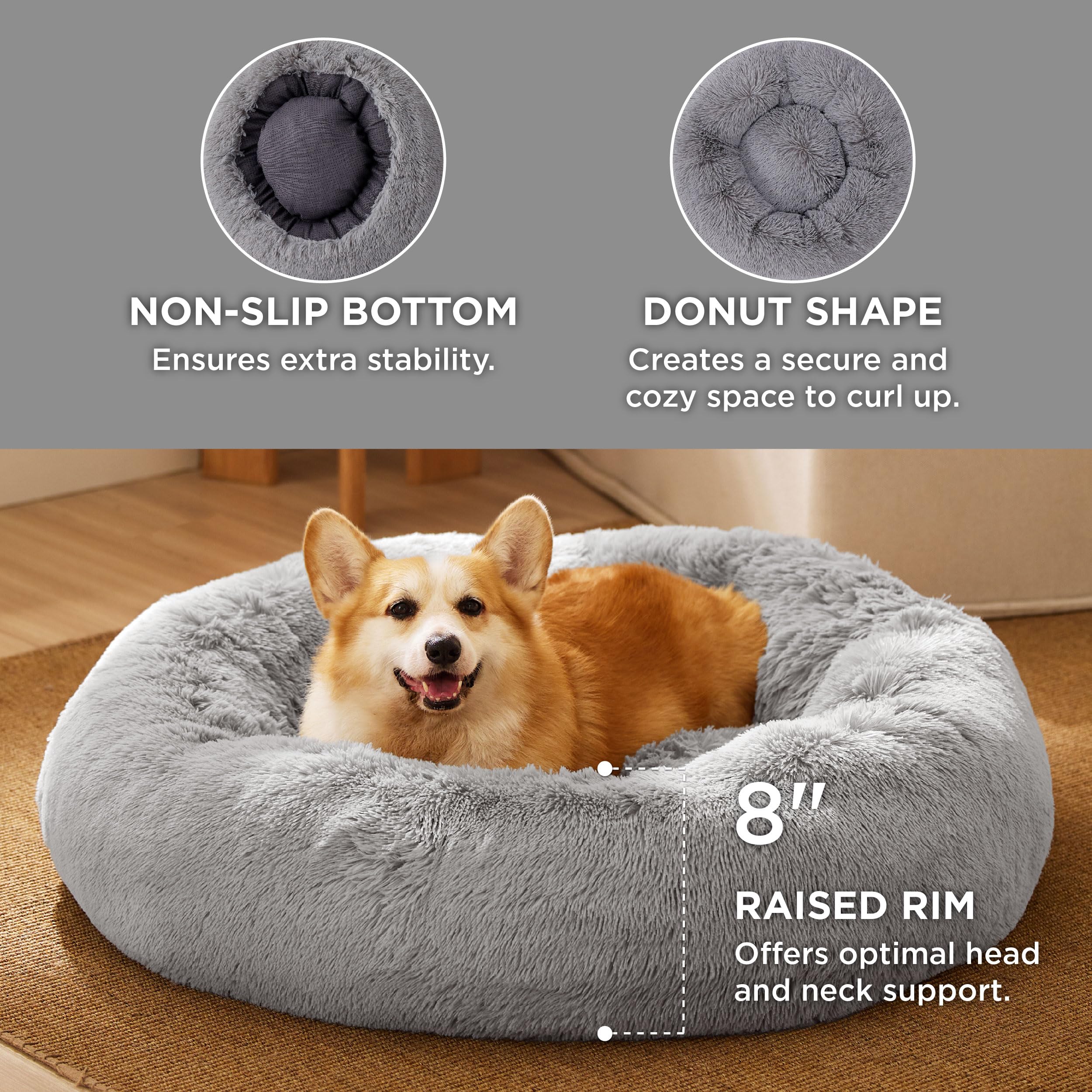 Bedsure Calming Dog Bed for Medium Dogs - Donut Washable Medium Pet Bed, 30 inches Anti-Slip Round Fluffy Plush Faux Fur Cat Bed, Fits up to 45 lbs Pets, Pale Grey