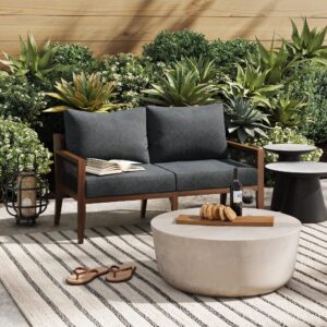 Nathan James Freya Bohemian Wood Loveseat, Upholstered Loveseat Sofa for Patio, Solid Acacia Wood Frame, Dark Acacia