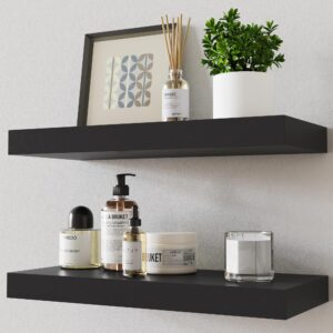 bellsal floating shelves, black engineered wood wall shelf set of 2, 15" wall mounted floating shelf, hanging wooden shelf invisible with brackets for bedroom, kitchen, living room, bathroom decor