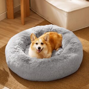 Bedsure Calming Dog Bed for Medium Dogs - Donut Washable Medium Pet Bed, 30 inches Anti-Slip Round Fluffy Plush Faux Fur Cat Bed, Fits up to 45 lbs Pets, Pale Grey