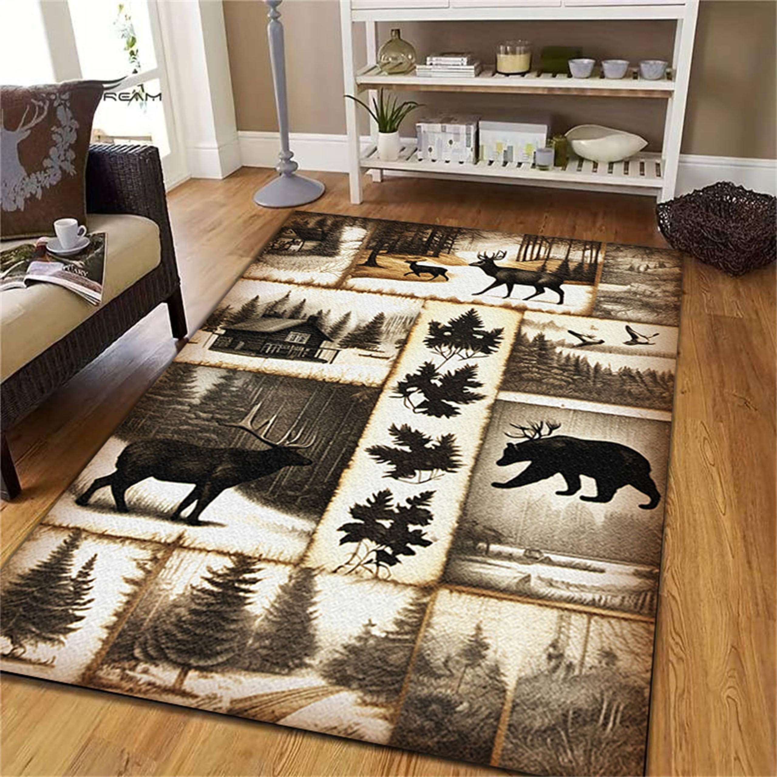 EXINBU Cabin Area Rug, 3x4ft, Rustic Wildlife Bear Deer Farmhouse Rug, Vintage Distressed Botanical Anti-Slip Rug, Machine Washable Durable Indoor Rug for Living Room Bedroom Bedside