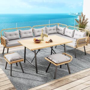 yitahome patio wicker l-shaped furniture set, all-weather rattan outdoor conversation sofa set for backyard deck with soft cushions,ottomans and plastic wood dining table (light brown+gray)