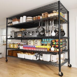 REIBII 85.7"H Storage Shelves 3200LBS 5 Tier Wire Shelving Unit with Wheels 55.5" W Heavy Duty Shelving Rack Adjustable Metal Shelves for Kitchen Pantry College Dorm School 85.7"H X 55.5"W X 24.2"D