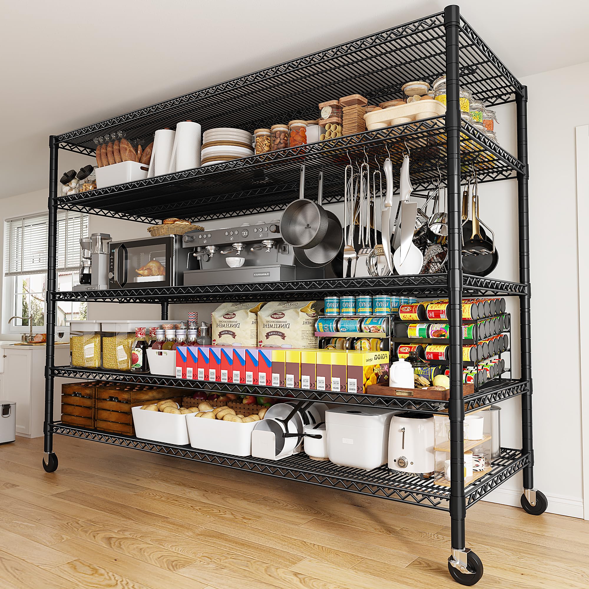 REIBII 85.7"H Storage Shelves 3200LBS 5 Tier Wire Shelving Unit with Wheels 55.5" W Heavy Duty Shelving Rack Adjustable Metal Shelves for Kitchen Pantry College Dorm School 85.7"H X 55.5"W X 24.2"D