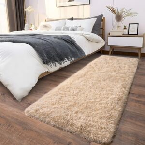 Ailyei Soft Runner Rugs for Bedroom Hallways, 2x6 Beige Fluffy Shag Throw Area Rug Non Slip for Bedside Dorm, Long Shaggy Furry Carpet for Nursery Living Room