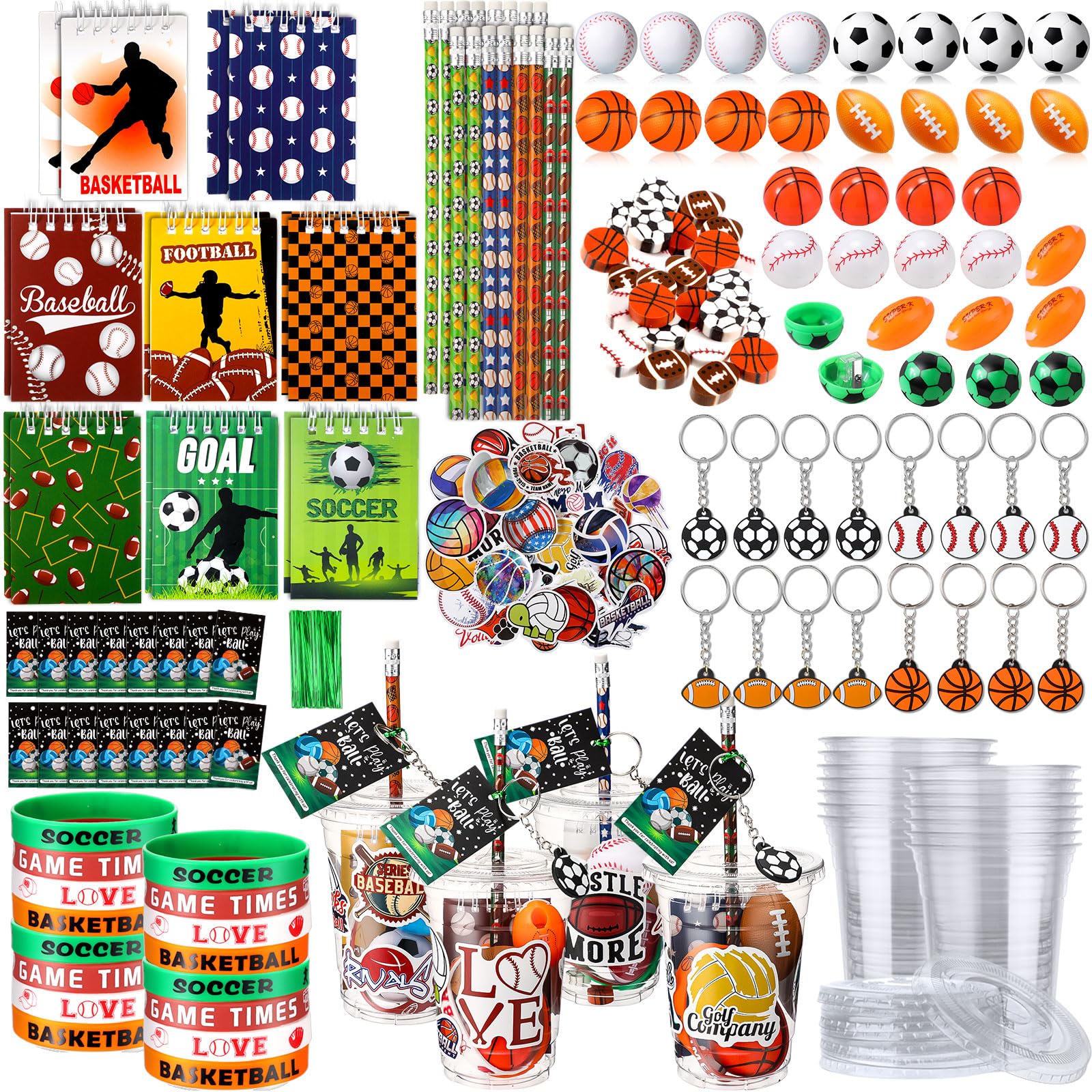 Colarr 195 Pcs Multi Balls Birthday Gifts Party Favors Gift Cups Pencils Mini Book Keychains Wristbands Stickers Thank You Cards Eraser Sharpener Mini Ball for ball Football Soccer Party