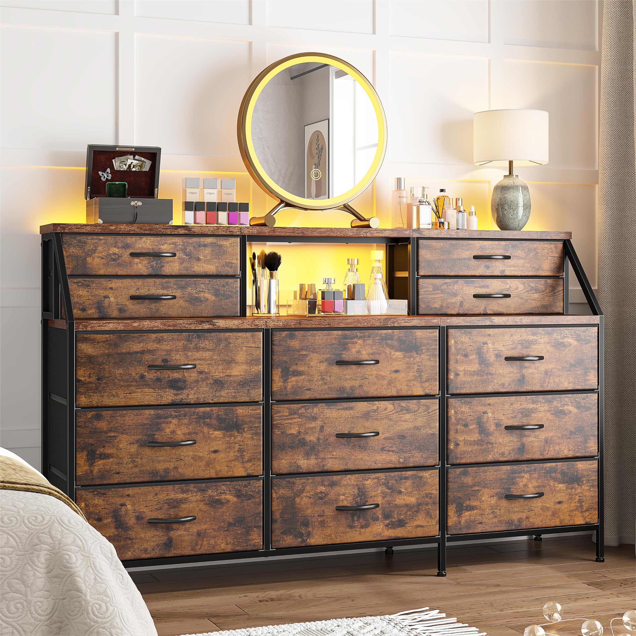 EnHomee 55”W Dresser for Bedroom, Dresser with 13 Large Drawer, Dressers & Chests of Drawers, Dressers with 2 Shelves, Bedroom Dresser, Long Dresser for Closet, Wooden Top Metal Frame Rustic Brown