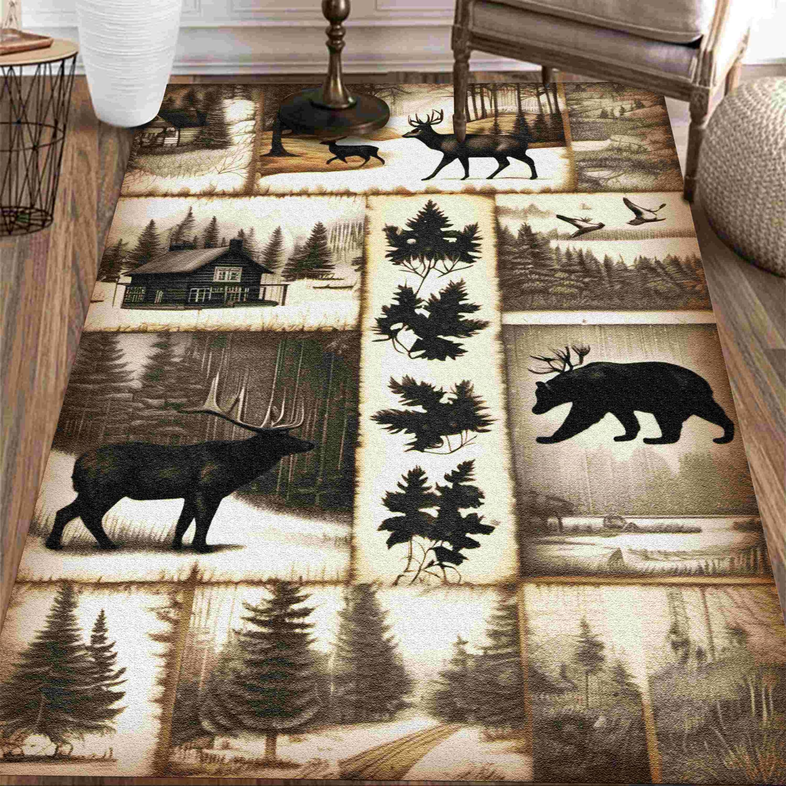 EXINBU Cabin Area Rug, 3x4ft, Rustic Wildlife Bear Deer Farmhouse Rug, Vintage Distressed Botanical Anti-Slip Rug, Machine Washable Durable Indoor Rug for Living Room Bedroom Bedside