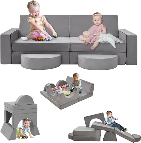 LEZASTAR Modular Kids Play Couch, Play Couch Sofa for Kids,Kids Modular Couch for Bedroom Playroom, Kids Couch Building Fort for Boys and Girls, Grey