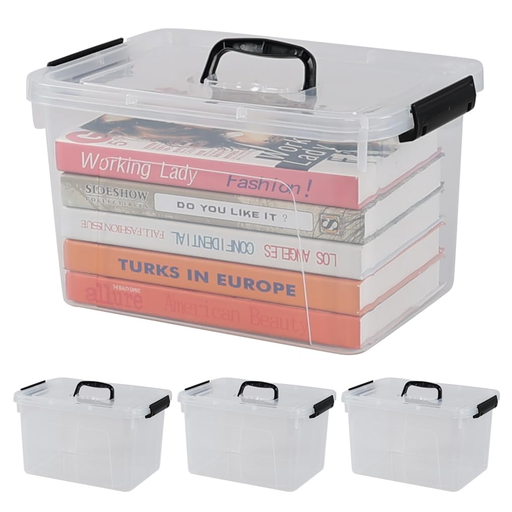 Jnktka 12 Quart Latching Storage Box, 4 Pack, Clear Plastic Organizer Bin with Handle