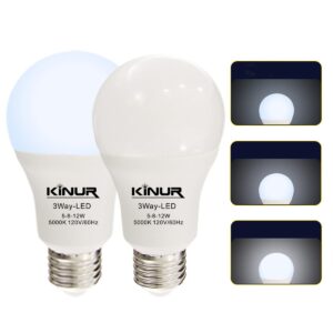 kinur led 3 way light bulbs 30 70 100 watt equivalent daylight 5000k daylight a19 light bulbs e26 base indoor 3-way light bulbs 500lm-800lm-1200lm for reading 2 pack