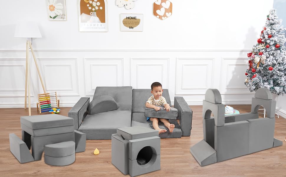 LEZASTAR Modular Kids Play Couch, Play Couch Sofa for Kids,Kids Modular Couch for Bedroom Playroom, Kids Couch Building Fort for Boys and Girls, Grey