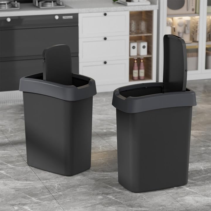 TODAYGO 2 Pack 2.6 Gallon/10 Liter Swing Top Trash Can, Small Garbage Can with Lid, Plastic Lidded Wastebasket, Black Slim Trash Bin for Bathroom, Kitchen, Bedroom, Office, Narrow Corner