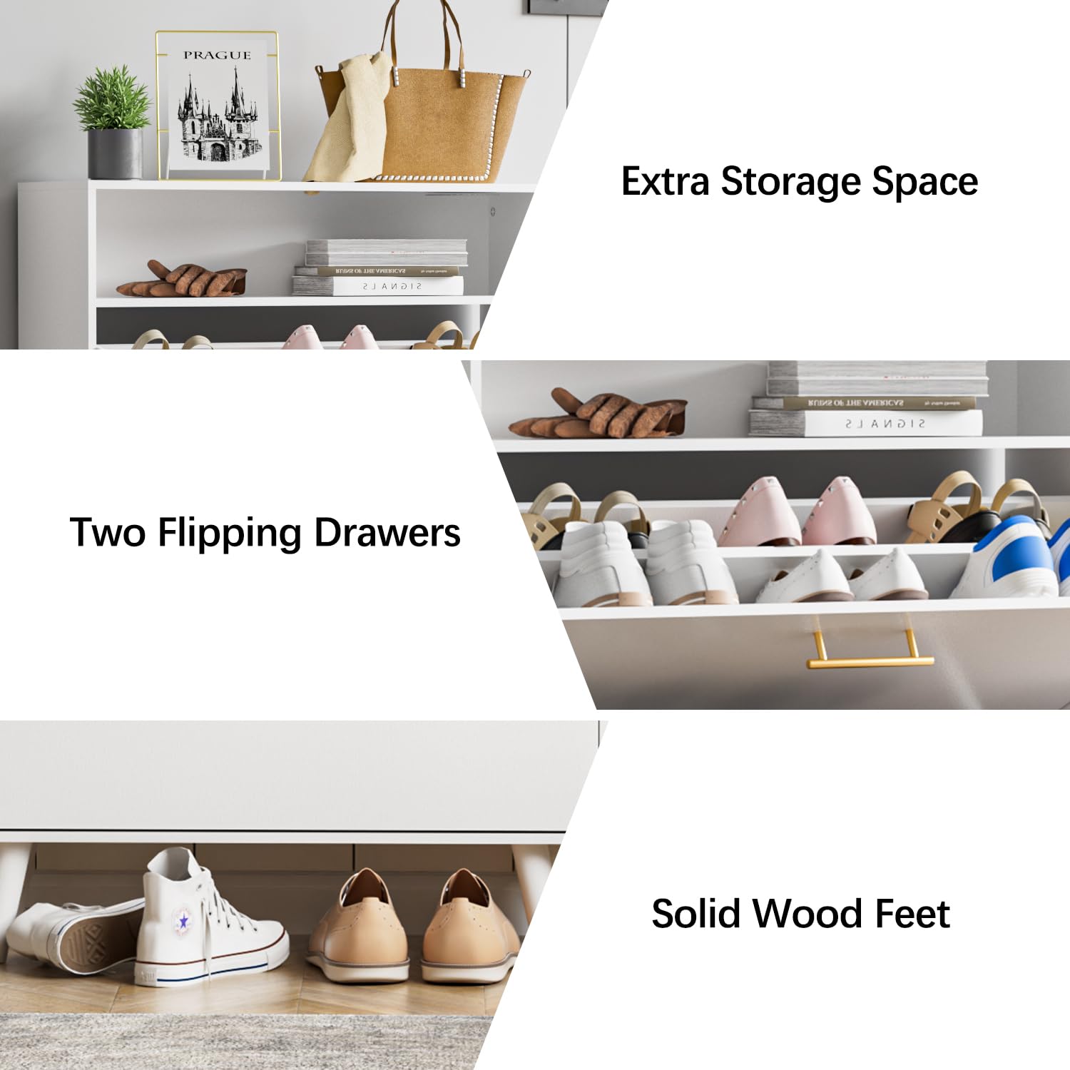 Wananlanen White Shoe Storage Cabient with 2 Flip Drawer, Narrow Freestanding White Shoe Organizer Cabinet, Modern Shoe Racks with Open Shelves for Entryway