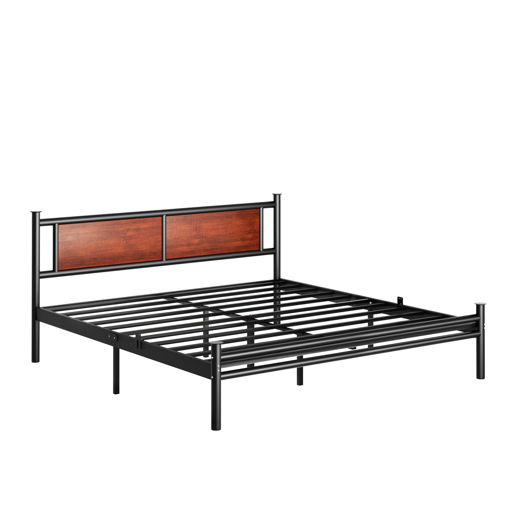 Sismplly King Size Bed Frame with Wooden Headboard, Heavy Duty Platform Bed with 12 inches Under Bed Storage, Black Metal Support System, No Box Spring Needed, Mahogany