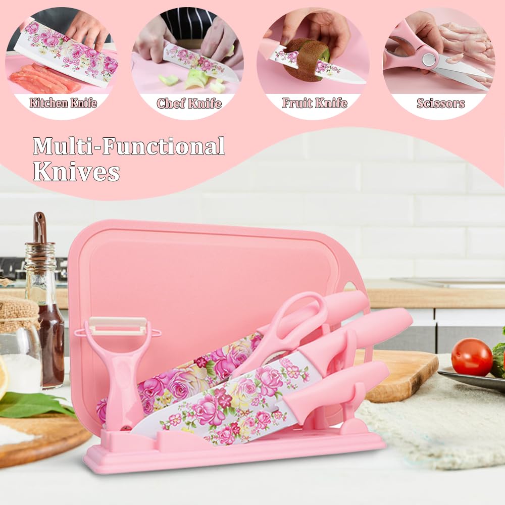 KoudHug Kitchen Knife Set, Pink Flower 7-pieces Stainless Steel Sharp Chef Cooking Non-slip Knife Set with Acrylic Stand & Block, Non-stick Colorful Coating Present for Women and family (Pink)