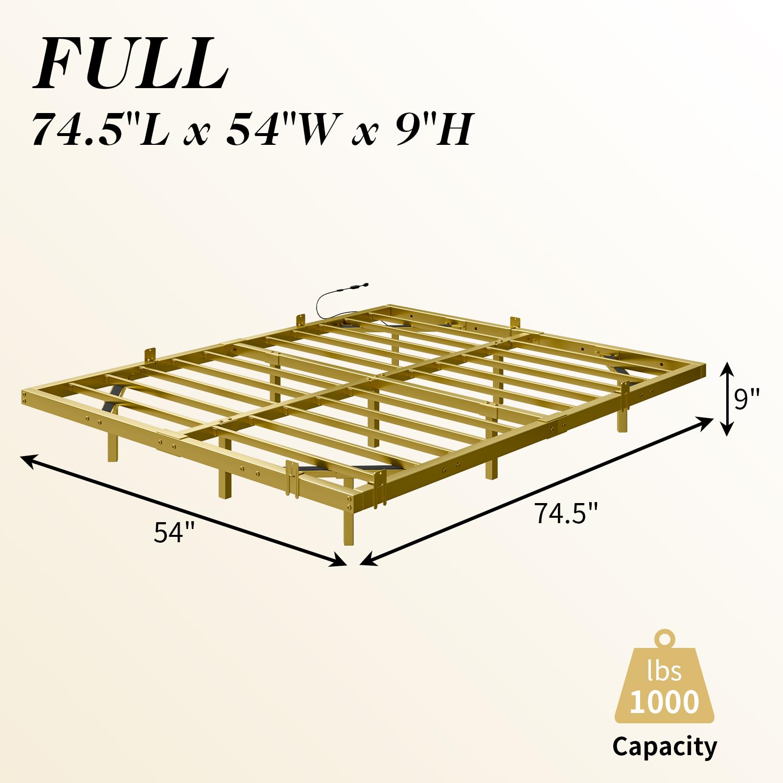 LUXOAK Full Size Floating Bed Frame with RGBW LED Light, Modern Metal Bed Frame with Steel Slat Support/Heavy Duty/No Box Spring Needed/Noise-Free, Gold