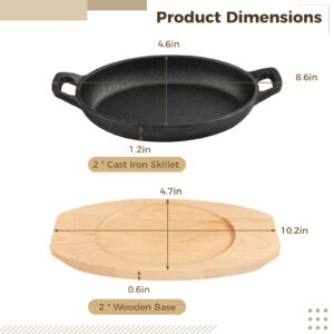 Cast Iron Skillet with Wooden Base, 2 Sets Mini Cast Iron Fajita Plate with Base, Anti-Scald Wooden Base Cast Iron Baker, Matte Black Small Cast Iron Pan for Dinner, BBQs, Kitchens, Restaurants