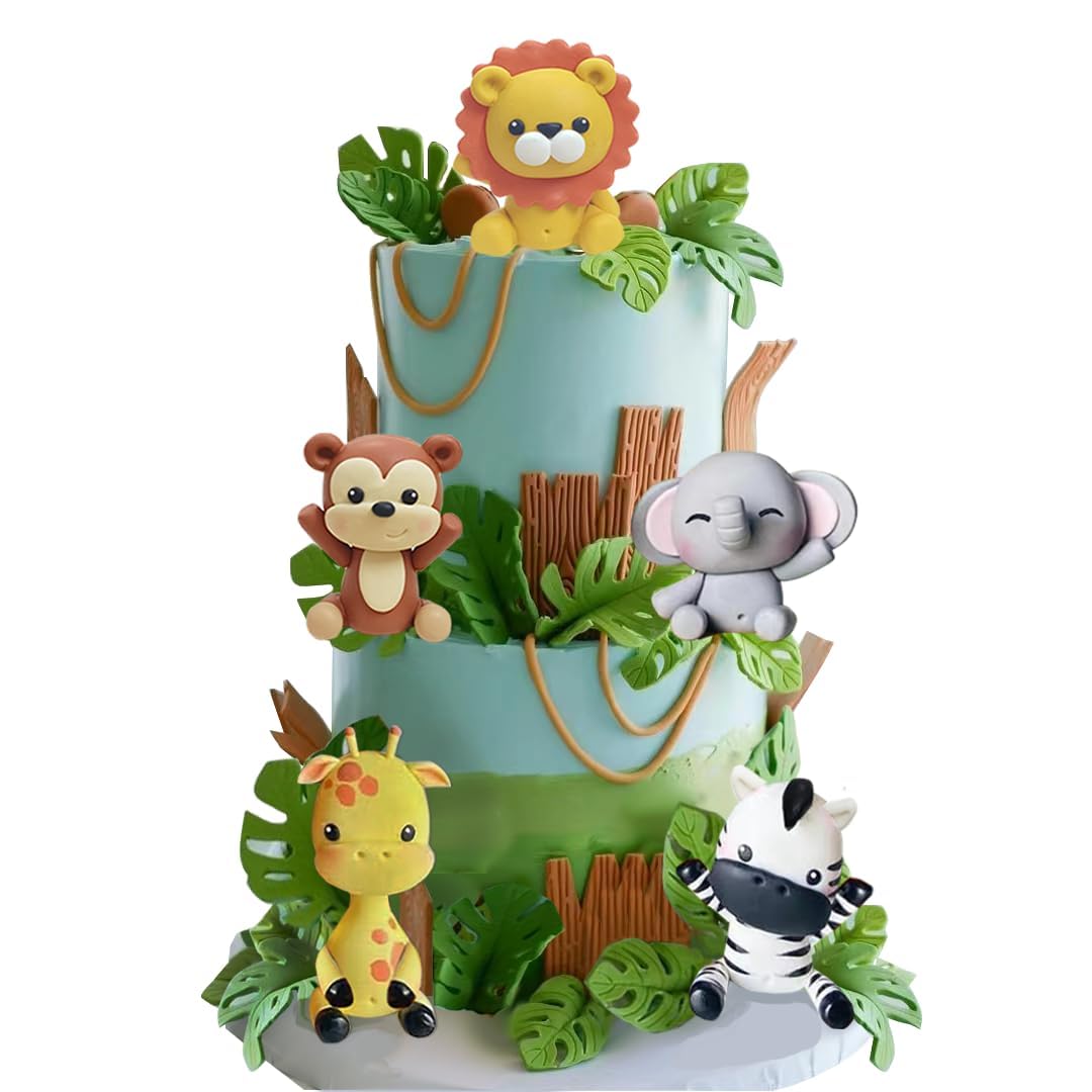 Jungle Animal Cake Topper Safari Animal Set Lion Giraffe Elephant Monkey Zebra for Wild Animals Birthday Baby Shower Party Favors Decorations Supplies