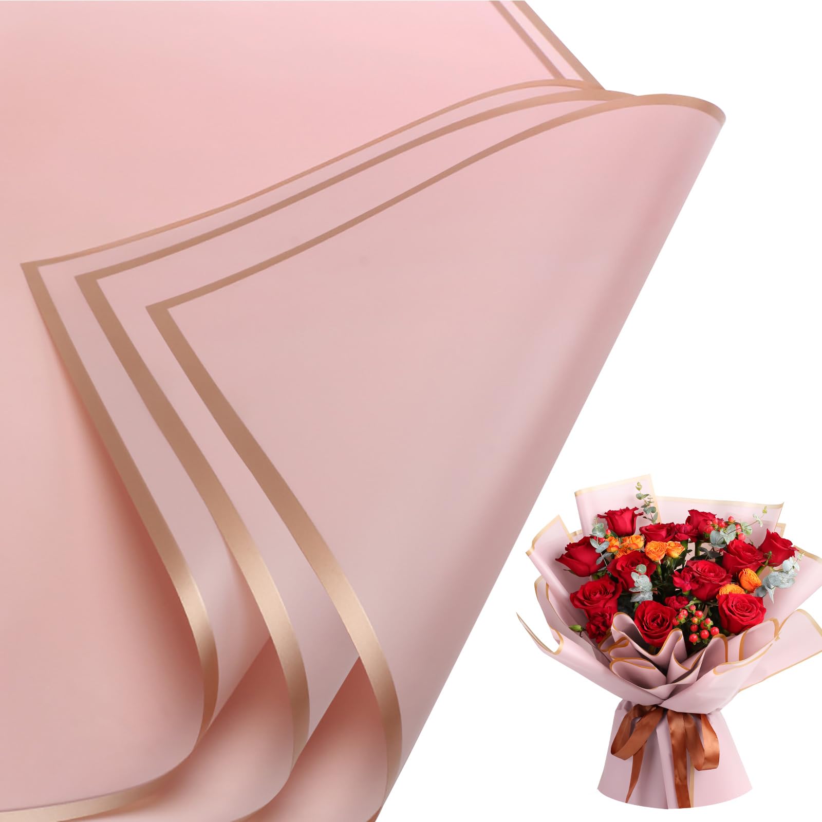 Buperor 20 Sheets Flower Bouquet Wrapping Paper, 22.5 x 22.5 inch Folding Package Floral Wrapping Paper for Wedding Birthday Valentine's Day Gift DIY Bouquets Gold Trim Rose Pink