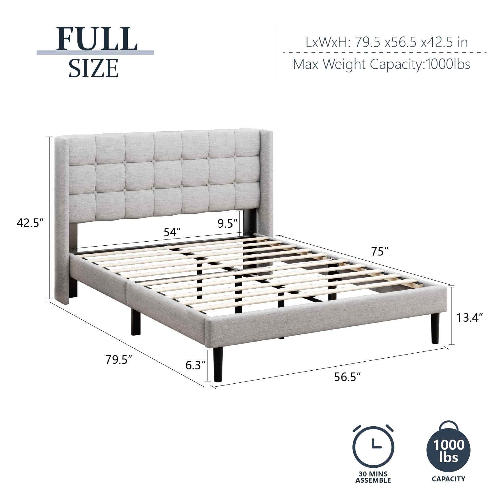 Sismplly Full Size Bed Frame with Headboard, Modern Upholstered Platform Bed Frames, Button Tufted Wingback Mattress Foundation, No Box Spring Needed, Easy Assembly, Light Grey