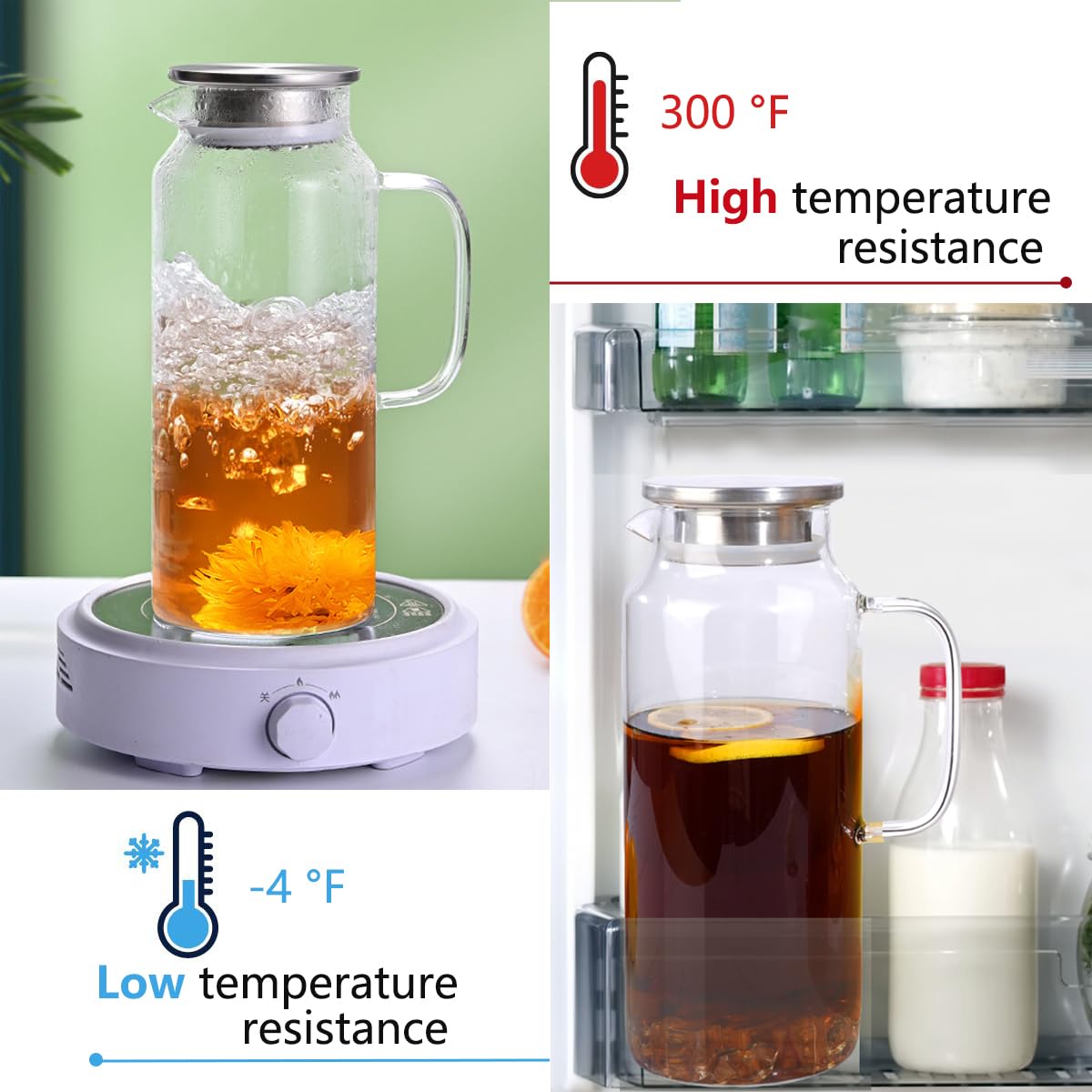 Glass Pitcher with Lid 2 Liter / 68 OZ Water Pitcher with Lid and Handle, Borosilicate Glass Carafe for Hot/Cold Water, Iced Coffee, Juice, Tea, Milk and Homemade Beverage