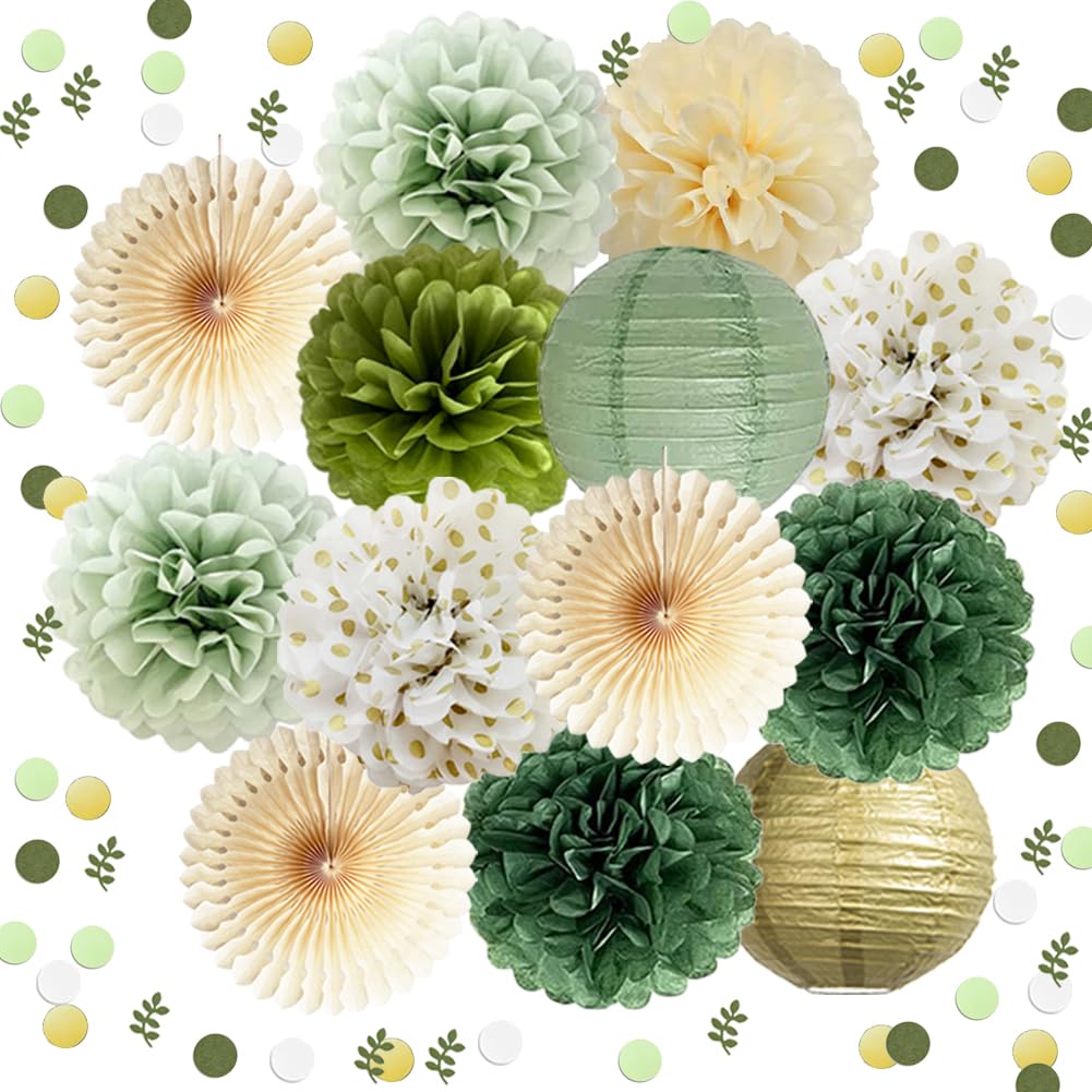 Olive Sage Green Tissue Paper Pom Poms Sage Green Party Decorations Sage Gold Confetti Dots Scatter Table Decor for Women Girls Sage Olive Green Birthday Baby Shower Bridal Shower Wedding Party Decor