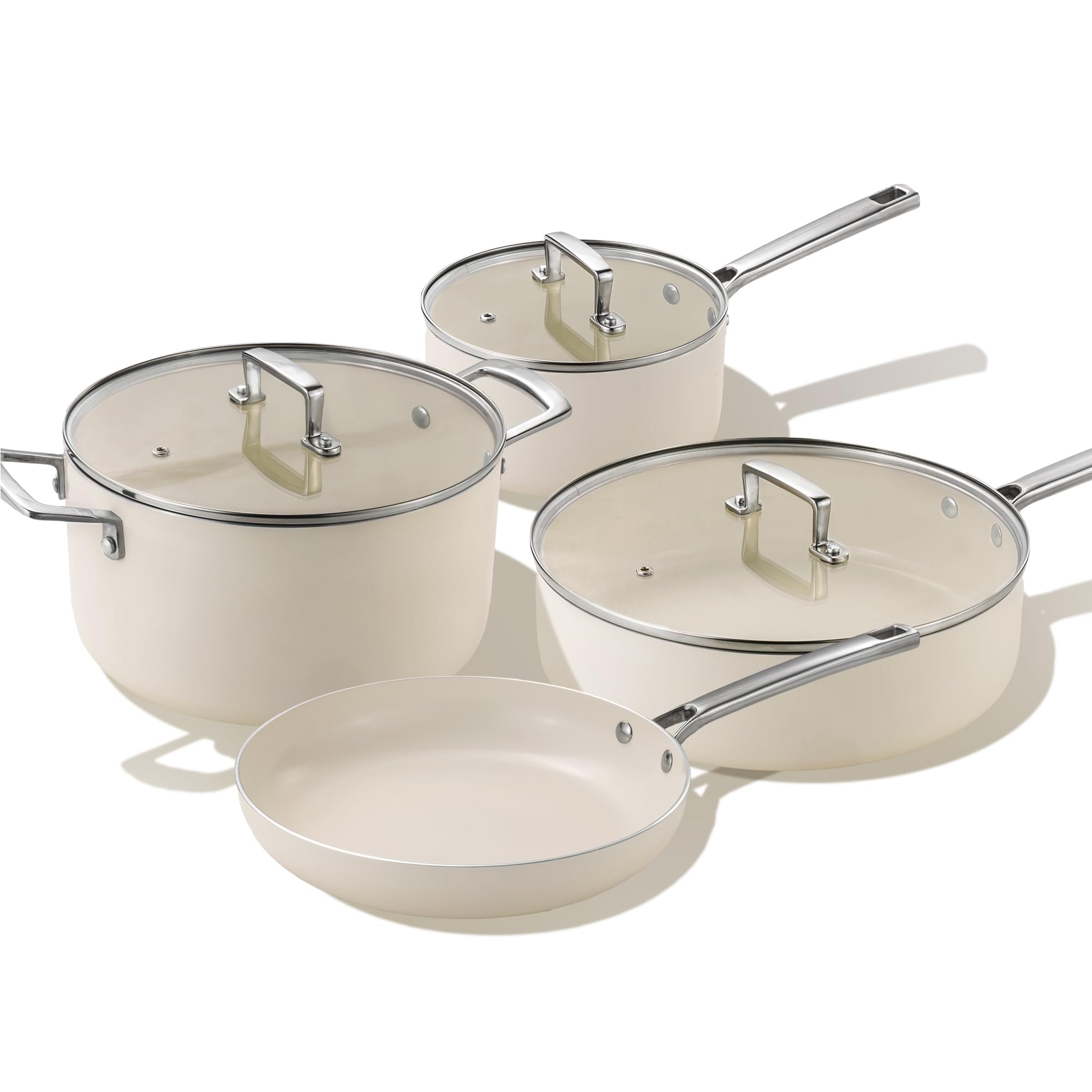 Larinest Nonstick Ceramic Cookware Set 7 pcs,Non Stick Pots and Pans Set,Non-toxic Kitchen Cooking Set,Dishwasher/Oven Safe,NO PFAS/PFOA,White