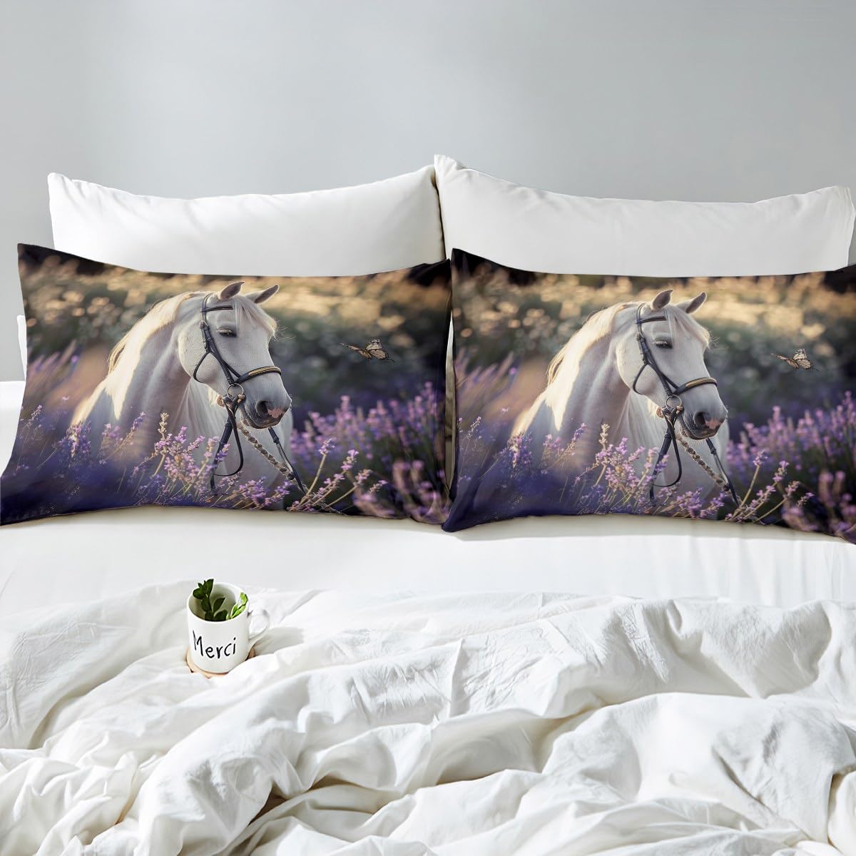 Feelyou Girly Horse Bedding Set King Size, Kids Lavender Floral Flower Comforter Cover Set for Boys Girls, Elegant Galloping Horse Duvet Cover Western Farmhouse Bedspread Cover Quilt Cover