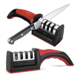 Generic Knife Sharpeners,4-in-1 Professional Stainless Steel Quick Knife Sharpener for Kitchen Knives–Ergonomic and Easy to Use Kitchen Knife Sharpeners with 4 Stage Sharpening Slots (Red and Black)