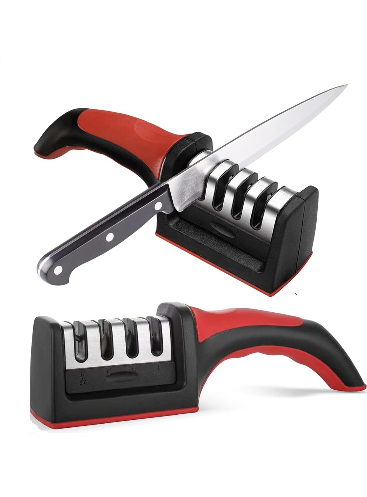 Generic Knife Sharpeners,4-in-1 Professional Stainless Steel Quick Knife Sharpener for Kitchen Knives–Ergonomic and Easy to Use Kitchen Knife Sharpeners with 4 Stage Sharpening Slots (Red and Black)