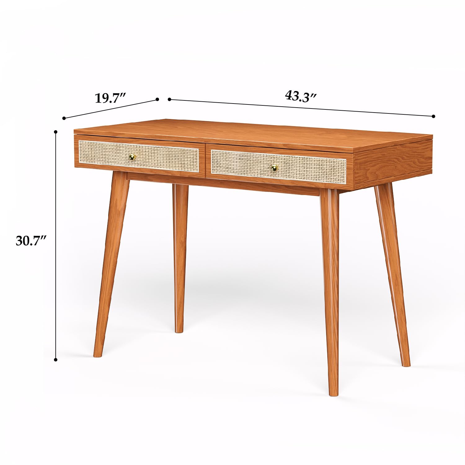 Longcoam Design Mid-Century Modern Solid Wood Desk with Drawers – 45 inch Small Boho Rattan Writing Desk for Home Office, Minimalist Design Natural Wood Legs Table for Workspace Elegance