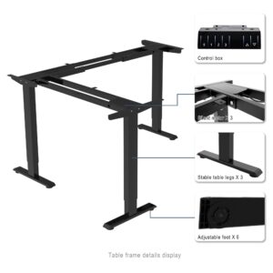 Fromann Adjustable 3 Legs Standing Desk Frame Base Electric Triple Motor L Shaped Corner Sit-Stand Desk for Home and Office (Black)