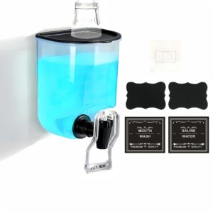 suaetiai mouthwash dispenser for bathroom, wall mounted mouthwash dispenser, 21oz plastic mouth wash container with adhesive hook and 2 reusable glass cups/4 pcs label - 1 pack