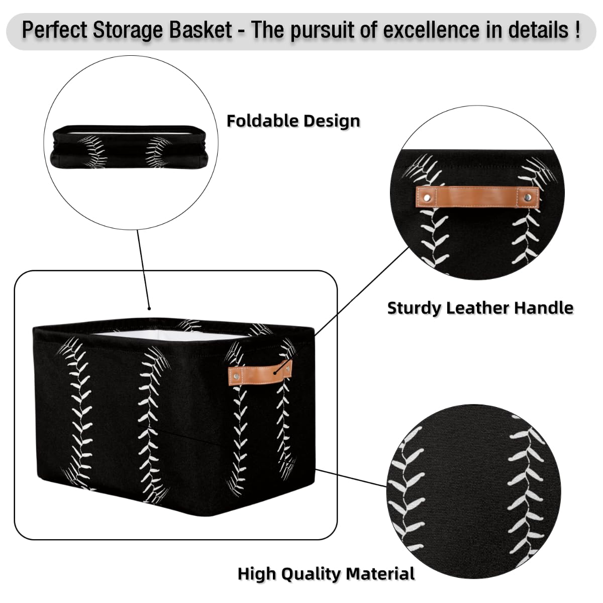 Black Baseball Storage Bin Basket, Softball Large Toys Storage Cube Box with Handles, Collapsible Laundry Basket Rectangular Waterproof Storage Organizer Bin for Nursery Bedroom Shelves Gift Basket