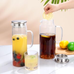 Glass Pitcher with Lid 2 Liter / 68 OZ Water Pitcher with Lid and Handle, Borosilicate Glass Carafe for Hot/Cold Water, Iced Coffee, Juice, Tea, Milk and Homemade Beverage