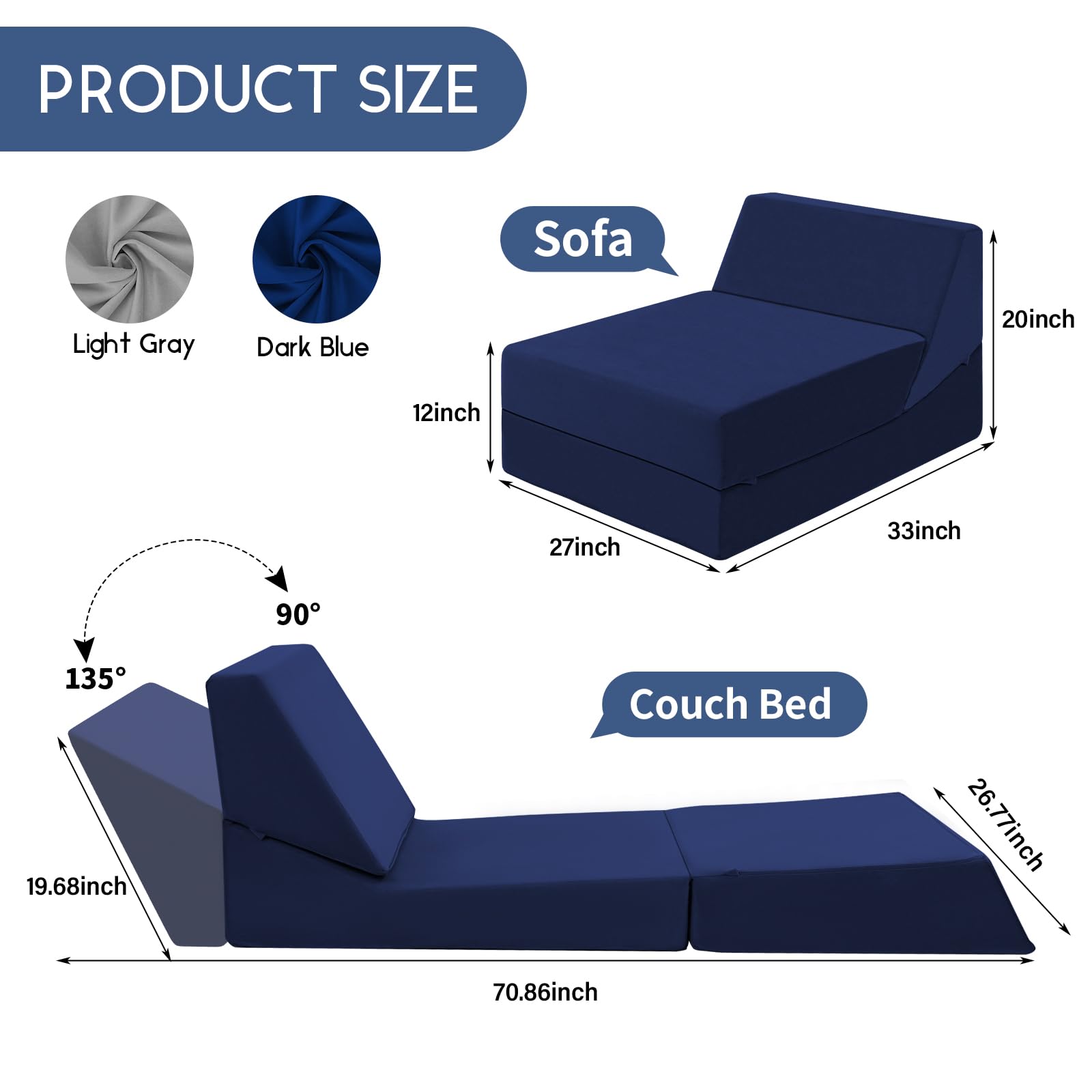 3-in-1 Folding Sofa Chair Bed Convertible Sofa with Pillow,Floor Futon Couch Comfy Lounge Chair Mattress, Portable Fold Out Couch Guest Bed for Adults, Home Office, Apartment, Dorm（Navy）