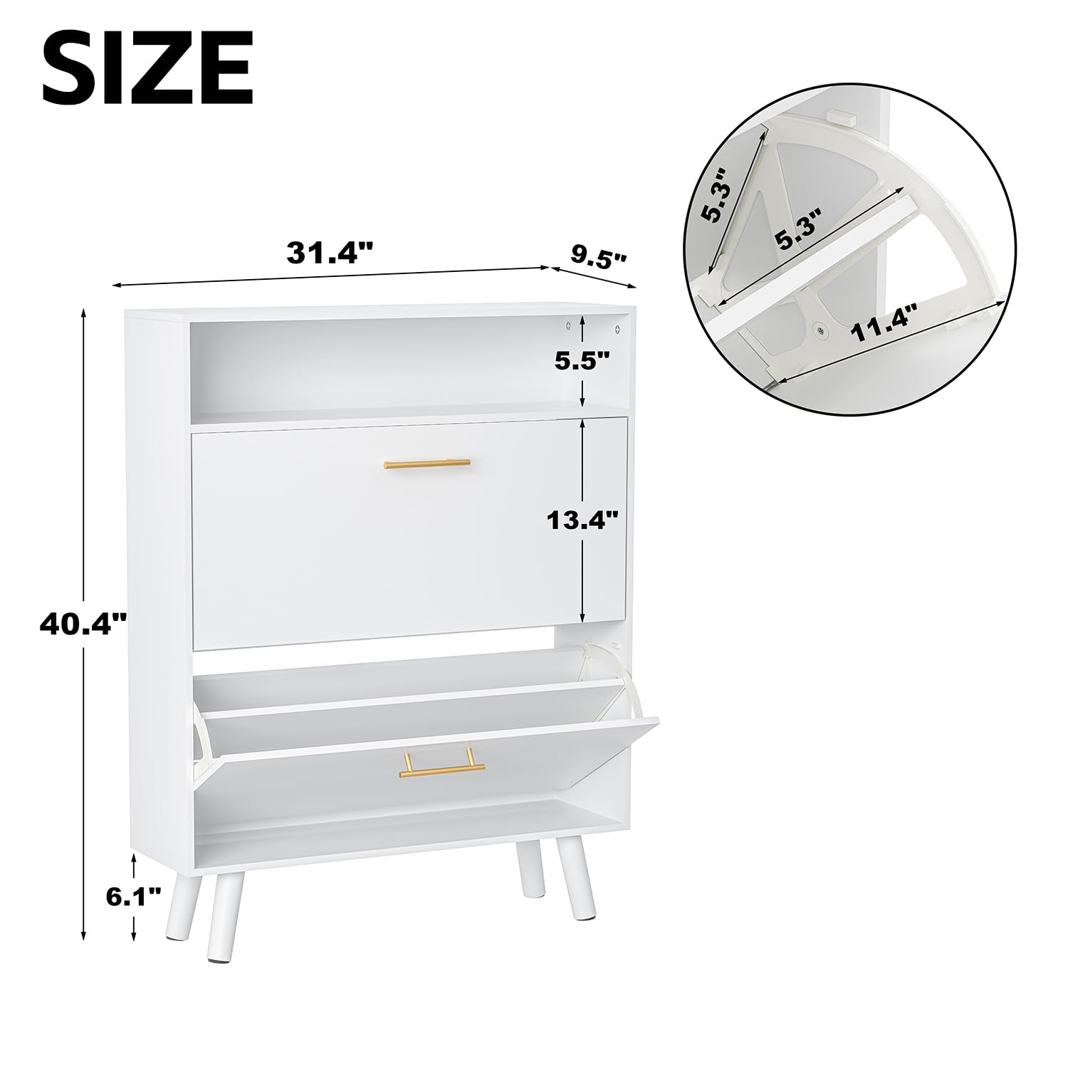 Wananlanen White Shoe Storage Cabient with 2 Flip Drawer, Narrow Freestanding White Shoe Organizer Cabinet, Modern Shoe Racks with Open Shelves for Entryway