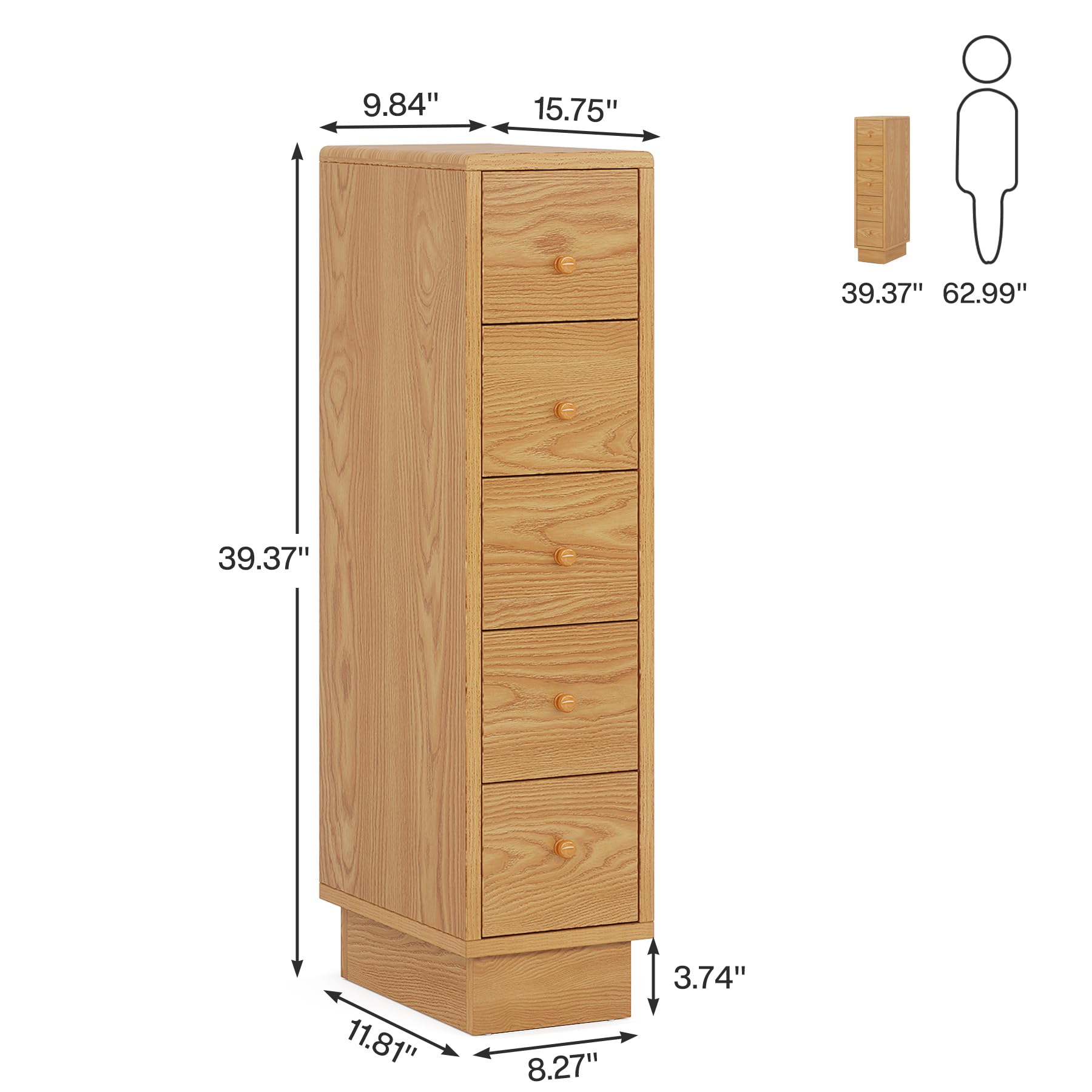 Tribesigns 5-Drawer Dresser, Wood Narrow Dresser for Bedroom, Tall Skinny Dresser Chest of Drawers, Slim Storage Drawers Organizer Lingerie Chest for Small Spaces, Bathroom, Closet, Oak