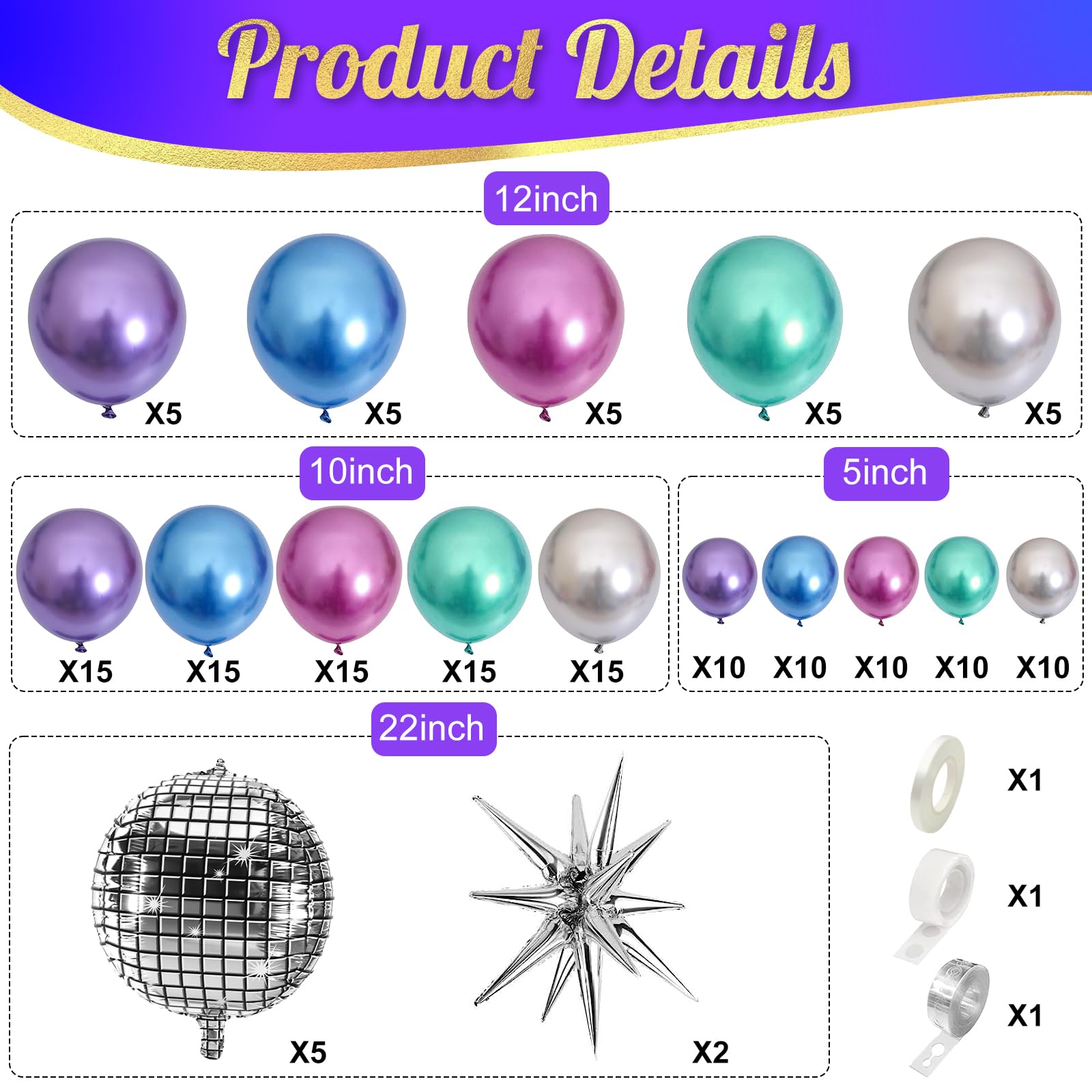 WOZOZOW 161PCS Metallic Neon Balloons Arch Kit, Disco Ball Balloons, Metallic Purple Blue Magenta Hot Pink Silver Green Chrome Disco Balloons Arch for Birthday 70s 80s 90s Theme Disco Party