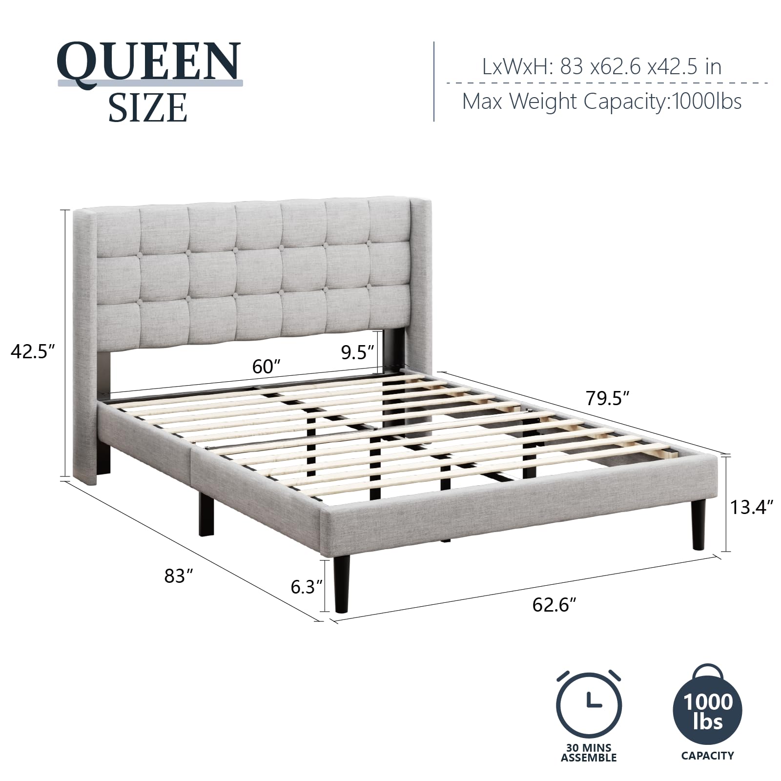 Sismplly Queen Size Bed Frame with Headboard, Modern Upholstered Platform Bed Frames, Button Tufted Wingback Mattress Foundation, No Box Spring Needed, Easy Assembly, Light Grey