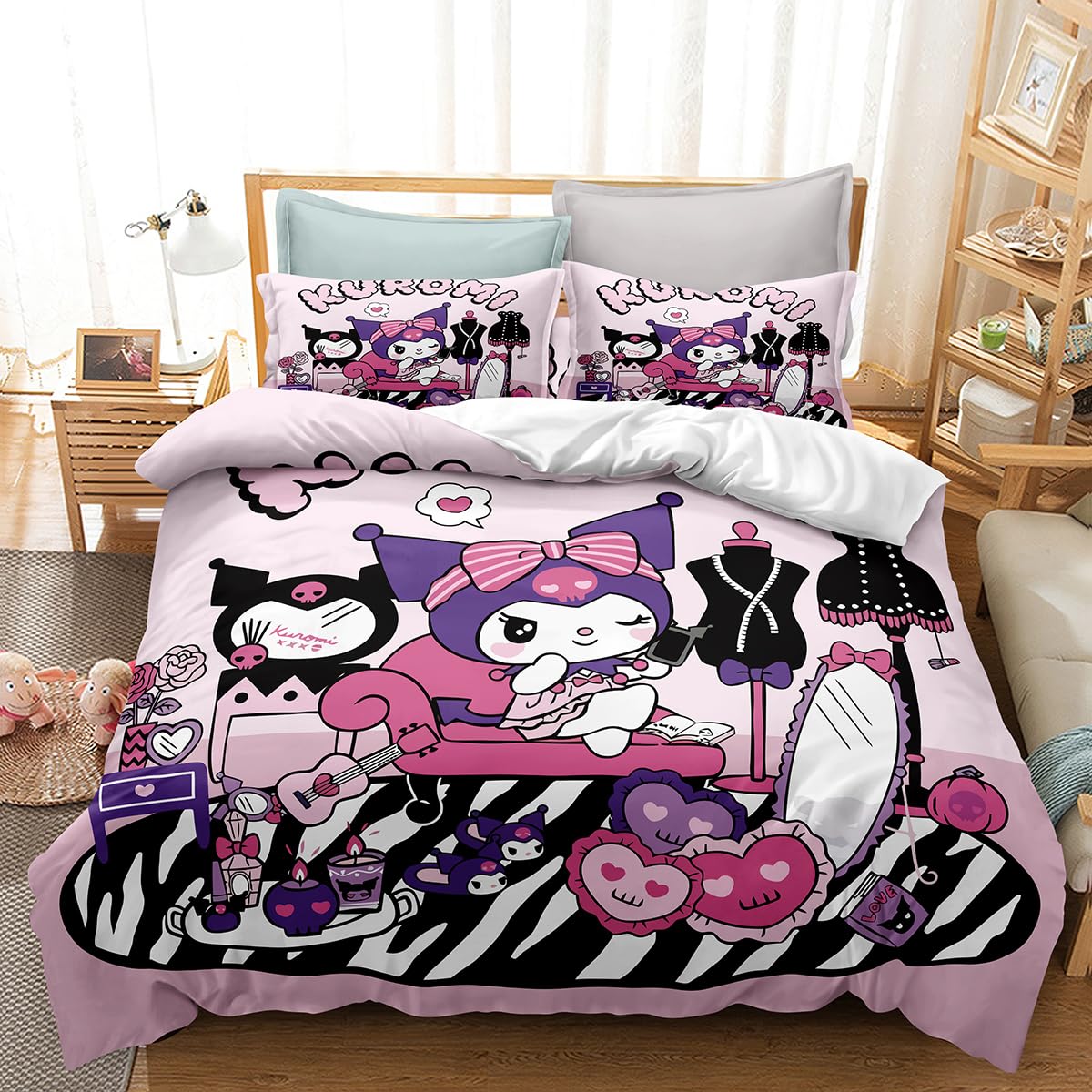 OINGHU Boys Girls Duvet Cover Set Kuromi 3 Pieces Bedding Quilt Cover Set Microfiber Bedding with Pillow Case Great Match with Any Home Decor(Full)